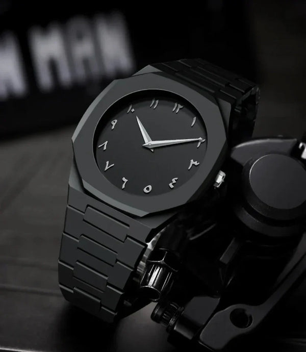 Black wristwatch with a dark background